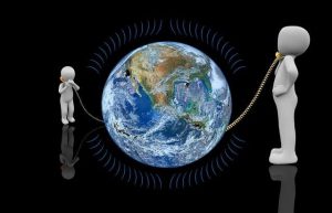 VOIP calls: two white figures using phones connected through a globe
